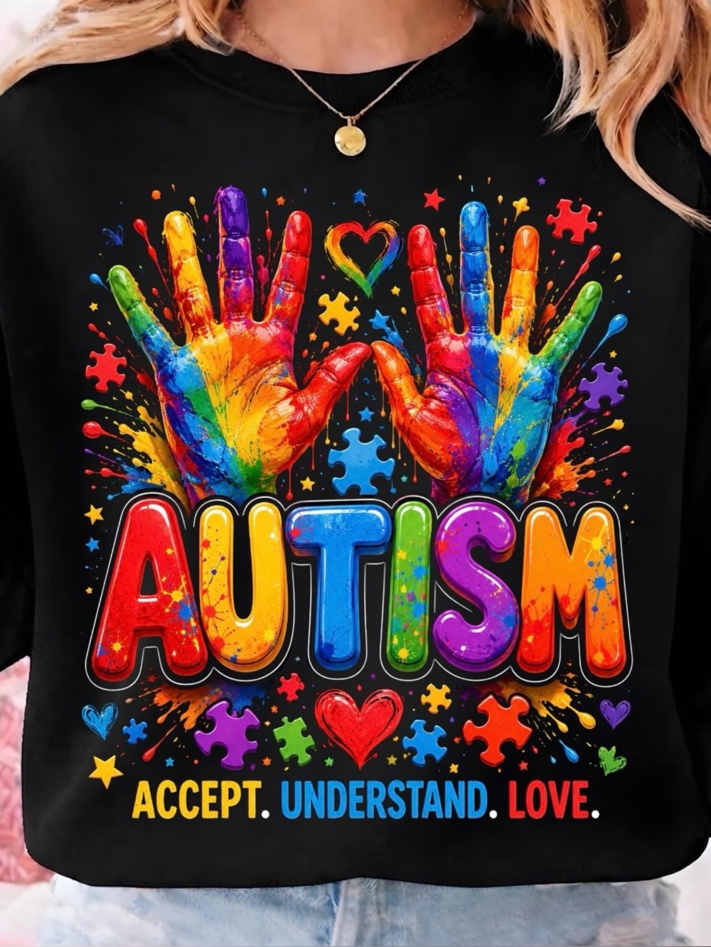 Autism Awareness Rainbow Handprint Sweatshirt - Accept Understand Love